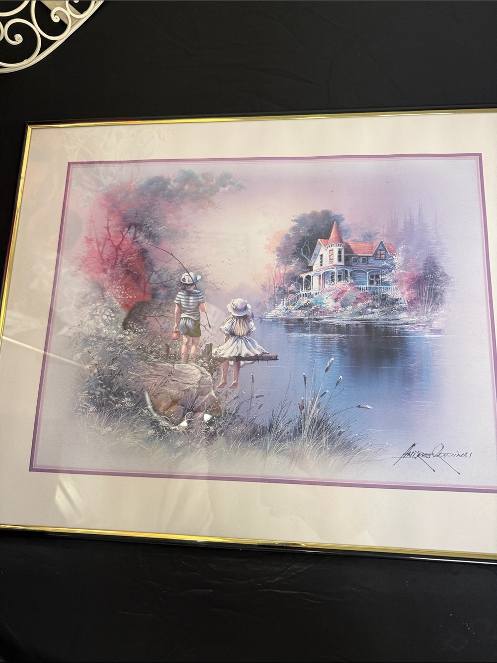 Vintage Lakeside Art Print in Lavender and Pink Hues